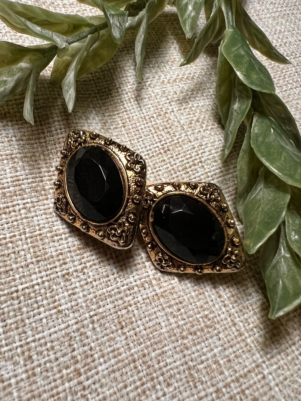 Gold Clip-On Vintage Grandma Diamond-Shaped Earrings with Black Stones